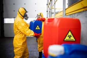 Duas pessoas vestindo trajes de proteção biológica amarelos (hazmat) e máscaras respiratórias manipulam galões azul e vermelho com etiquetas de alerta de risco biológico em um ambiente industrial.