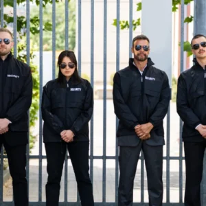 Equipe de quatro seguranças (três homens e uma mulher) em uniformes pretos com a inscrição "SECURITY", posicionados em frente a um portão de grade. Eles utilizam óculos escuros e mantêm postura de vigilância com as mãos cruzadas à frente.